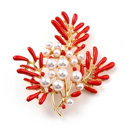 Honeyhandy Coral Shape Alloy Brooch with Resin Pearl, Exquisite Lapel Pin for Girl Women, Golden, Red, 60x54x9mm, Pin: 0.8mm