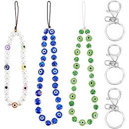 OLYCRAFT 3 Pcs 3 Style Evil Eye Phone Chain with Alloy Keychain Clasp Evil Eye Lampwork Beaded Phone Charm Beaded Phone Lanyard Wrist Strap for Phone Case Keychain Accessories