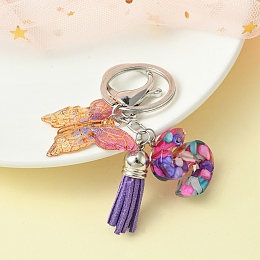 Honeyhandy Resin Letter & Acrylic Butterfly Charms Keychain, Tassel Pendant Keychain with Alloy Keychain Clasp, Letter S, 9cm