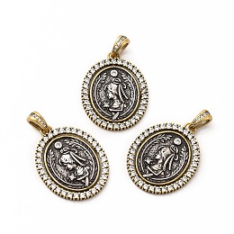 Honeyhandy Rack Plating Brass Micro Pave Cubic Zirconia Pendants, Long-Lasting Plated, Lead Free & Cadmium Free, Oval with Greece Coin Charm, Antique Golden, 26x20x2mm, Hole: 3x6mm