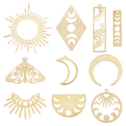 SUNNYCLUE 20Pcs 10 Style Brass Pendant, for Jewelry Making, Moon & Butterfly & Half Round & Rectangle & Rhombus & Sun, Raw(Unplated), 20~42x7~45x0.5~mm, Hole: 1.2~1.5mm, 2pcs/style