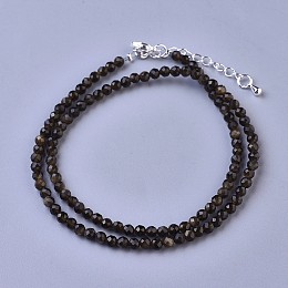 Honeyhandy Natural Golden Sheen Obsidian Beaded Necklaces, with Brass Lobster Claw Clasps, Faceted Round Beads, 16.5 inch~16.7 inch(42~42.5cm)x3~3.5mm