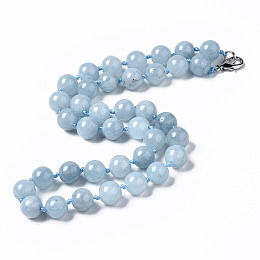 Honeyhandy Natural Aquamarine Beaded Necklaces, with Alloy Lobster Clasps, Round, Dyed, 18.8 inch~19.2  inch(48~49cm), round: 10mm