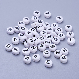 Honeyhandy Acrylic Horizontal Hole Letter Beads, Random Mixed Letters, Flat Round, White, 7x4mm, Hole: 1.8mm, about 3500pcs/Bag