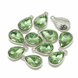 Honeyhandy Alloy Glass Charms, Faceted, teardrop, Platinum, Light Green, 14.5x9x5mm, Hole: 1.5mm