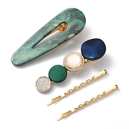 Honeyhandy Iron Alligator Hair Clips Sets, with Cellulose Acetate(Resin), Teardrop & Flat Round, Golden, 55~69x5~23.5x2~15mm, 4pcs/set