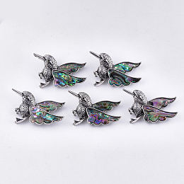 Honeyhandy Abalone Shell/Paua Shell Brooches/Pendants, with Resin Bottom and Alloy Findings, Bird, Antique Silver, Dark Slate Gray, 31~32x53.5x12~12.5mm, hole: 6x3mm, Pin: 0.7mm