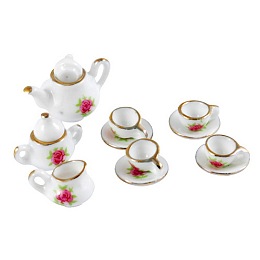 Honeyhandy Porcelain Tea Set Decorations, Violet, Size: Saucer: about 16mm in diameter, 3mm thick, Teapot: about 12~23mm long, 19~30mm wide, 14~19mm thick, Teacup: about 7mm long, 14mm wide, 10mm thick