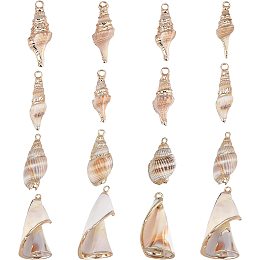 SUNNYCLUE 1 Box 16Pcs 4 Style Electroplate Spiral Seashells Craft Charms Connectors Pendant Conch Shells Charms with Plated Golden Loop Bail for Bracelet Necklace Making Craft Supplies