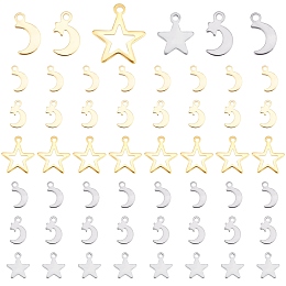 DICOSMETIC 180Pcs 6 Styles Stainless Steel Star Charms Cabochon Settings Moon Shape Metal Pendants Hypoallergenic Star and Moon Charm for Bracelet Necklace Jewelry Making