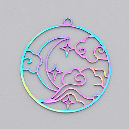 Honeyhandy Ion Plating(IP) 201 Stainless Steel Pendants, Laser Cut, Ring with Cloud & Moon, Rainbow Color, 32.5x30x1mm, Hole: 1.8mm