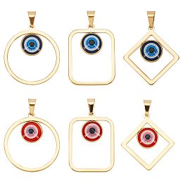 Unicraftale 6Pcs 6 Styles Vacuum Plating Evil Eye 304 Stainless Steel Resin Pendants, with 201 Stainless Steel Snap on Bail, Go lden, Rhombus & Ring & Rectangle, Mixed Shapes, Mixed Color, 36~37.5x28~33.5x4~4.5mm, Hole: 9x4.5mm, 1pc/style