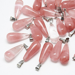 Honeyhandy Cherry Quartz Glass Pendants, with Stainless Steel Snap On Bails, teardrop, 28~30x10~12mm, Hole: 6x4mm