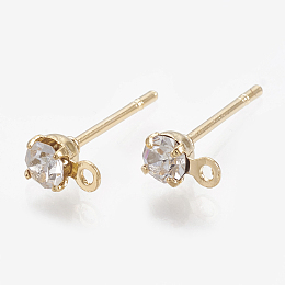 Honeyhandy Brass Stud Earring Findings, with Loop, Real 18K Gold Plated, with Cubic Zirconia, , Clear, 5.5x3mm, Hole: 0.8mm, Pin: 0.7mm