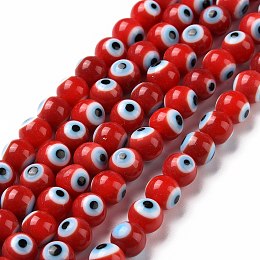 Honeyhandy Handmade Evil Eye Lampwork Round Bead Strands, Red, 6mm, Hole: 1mm, about 64pcs/Strand, 14.57 inch(37cm)