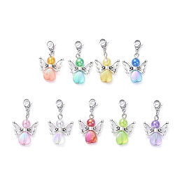 Honeyhandy Eco-Friendly Transparent Acrylic Pendants, with Platinum Tone Tibetan Style Alloy Beads and 304 Stainless Steel Lobster Claw Clasps, Angel & Fairy, Colorful, 32mm, 9pcs/set