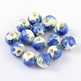 Honeyhandy Handmade Printed Porcelain Beads, Round, Royal Blue, 10mm, Hole: 3mm