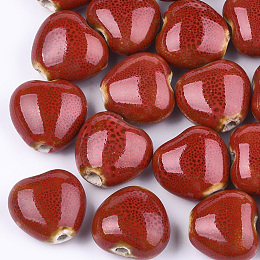 Honeyhandy Handmade Porcelain Beads, Fancy Antique Glazed Porcelain, Heart, Dark Red, 14~15x16x9~10mm, Hole: 2mm