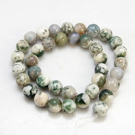 Arricraft Natural Tree Agate Beads Strands,  Round, Medium Sea Green, 10mm, Hole: 1mm, about 39pcs/strand, 15.3 inches