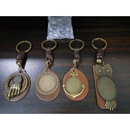 SUNNYCLUE DIY Keychain Making, with Alloy Cabochon Settings Keychain, Imitation Leather Pendants and Glass Cabochons, Mixed Shapes, Antique Bronze, 8pcs/set