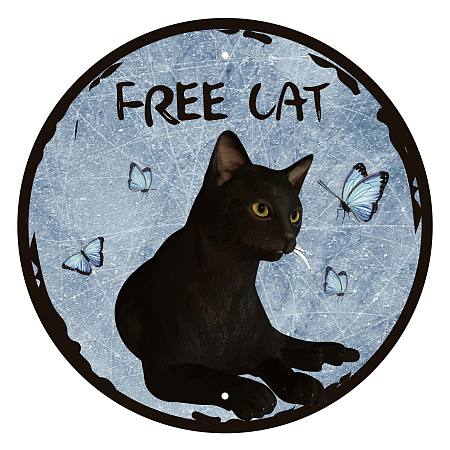 CREATCABIN Funny Black Free Cat Round Metal Signs Vintage Butterfly Retro Tin Sign 12inch Wall Decor Plaque Poster for Home Garage Garden Bathroom Kitchen House Halloween Christmas