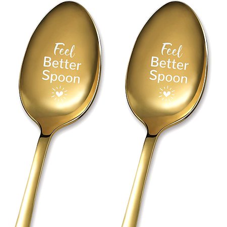 GLOBLELAND 2Pcs Feel Better Spoon with Gift Box Golden Stainless Steel Table Spoons for Friends Families Festival Christmas Birthday Wedding, 7.2''