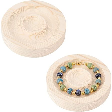 FINGERINSPIRE 2PCS Round Wood Bracelet Display Holder (3.7x0.8 inch) Wheat Color Jewelry Tray Flat Bracelet Display Stand Ring Holder, Retail Jewelry Shop Display Riser for Bracelets and Small Trinket