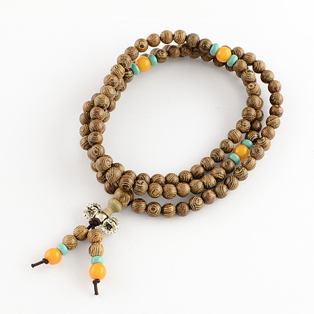 Honeyhandy Dual-use Items, Wrap Style Buddhist Jewelry Wenge Wood Round Beaded Bracelets or Necklaces, Tan, 600mm, 108pcs/bracelet