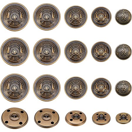 OLYCRAFT 50Pcs Metal Blazer Buttons Flat Round Brass Buttons with Skull 15mm 18mm 20mm 23mm 25mm Vintage Suits Button Set for Blazer, Suits, Coats, Uniform and Jacket - Antique Bronze
