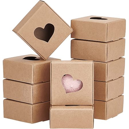 BENECREAT 34 Packs 2.6x2.6x1.2inch Brown Kraft Paper Gift Boxes with Heart Hole Windows for Wrapping Gift, Wedding, Baby Shower