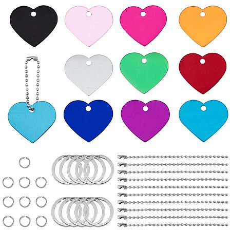 BENECREAT 20Pcs Heart Shape Colored Aluminum Stamping Blanks 1.5 x 1.3 Pet ID Tags with Plastic Storage Box, 30Pcs Jump Rings, 10Pcs Ball Chains, 10Pcs Key Rings for Engraving Art Crafts Making