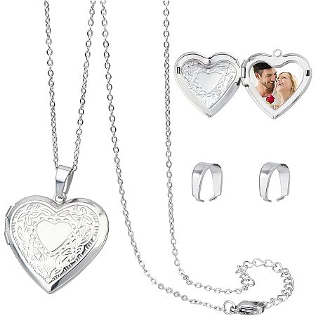 DICOSMETIC Stainless Steel Heart Carved Pattern Photo Locket Pendants Heart Shapes Pendant Necklace Set Personalized Photo Heart Styles with Chain and Snap on Bails for Charm Custom Any Photo Gift