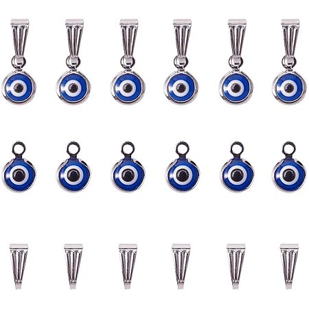 NBEADS 30 Pcs Evil Eye Alloy Jewelry Pendants, Blue Round Evil Eye Lampwork Charms with Brass Findings, Iron Snap on Bails and 1 Pc Black Velvet Bag for Necklace Pendant Jewelry Making