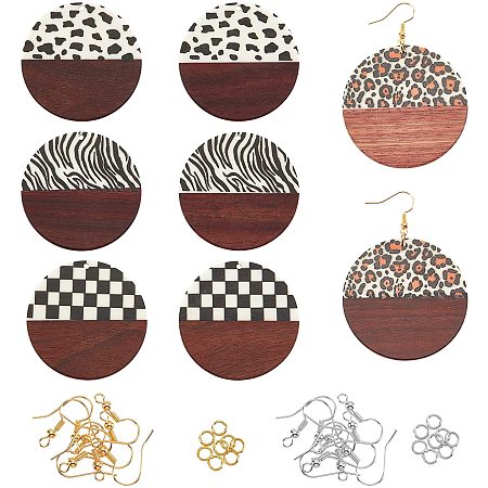 OLYCRAFT 40Pcs Resin Wood Earring Pendants Flat Round Shape Resin Wood Charms Bulk Earring Accessories with Earring Hooks and Jump Rings for Jewelry Making - 4 Styles