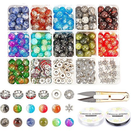Pandahall Elite Beading Kit, Round Stone Beads with 175pcs 7 Colors Crackle Glass Beads 110pcs Metal Silver Spacer Beads Crystal String and Scissors for Jewelry Making
