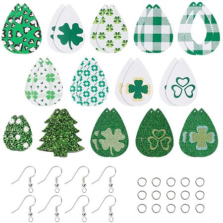 PandaHall Elite 14 Pairs Green Faux Leather Earrings Clover Teardrop Dangle Earrings PU Leather Flower Charms with Brass Earring Hook Ear Wire and Jump Rings for St Patrick's Day Earrings Making