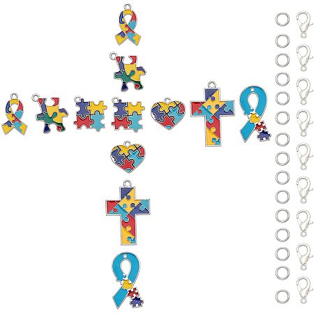 SUNNYCLUE 1 Box 64Pcs 6 Styles Autism Charms Pendants Puzzle Piece Design Charm Colorful Alloy Enamel Dangle with Lobster Claw Clasps Jump Rings for Jewelry Crafts Making Supplies
