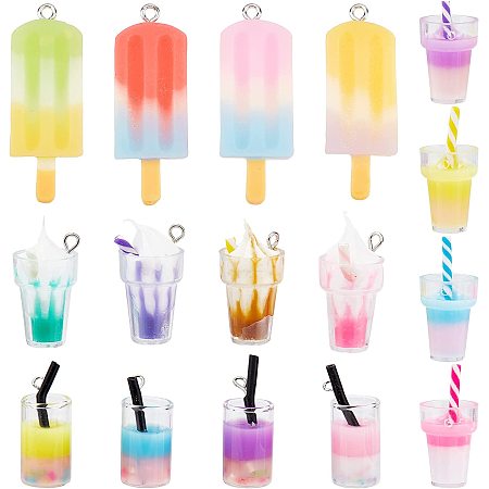 SUNNYCLUE 32Pcs 16 Styles Boba Cup Charms Milk Tea Charm Resin Ice Lolly Cream Pendants Popsicle Bottles Summer Pendant for Jewelry Making Charms Supplies Keychain Dangles Earring Necklace DIY Craft