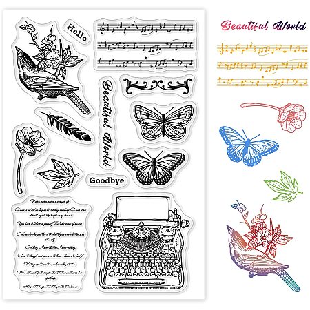GLOBLELAND Vintage Clear Stamps Transparent Silicone Stamp Manuscript Telegraph Butterfly Notes Bird Leaves for Card Making Decoration and DIY Scrapbooking