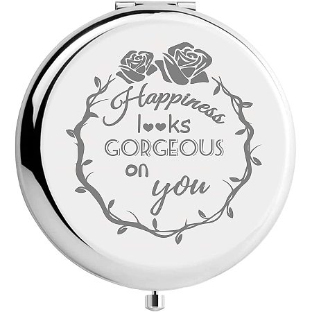 CREATCABIN Engraved Mirrors Silver Happiness Looks Gorgeous on You Stainless Steel Encouraging Mini Makeup Pocket Travel Engraved Mirrors Silver for Friends Family Birthday New Year Gifts