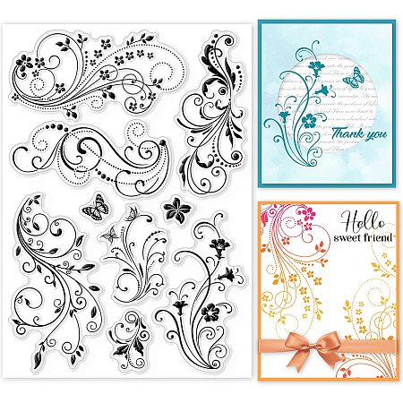 GLOBLELAND Flower Vine Lace Clear Stamps Decorative Flourish Butterfly Silicone Clear Stamp Seals for Cards Making DIY Scrapbooking Photo Journal Album Decoration, 21x14.8cm/8.3x5.8inch