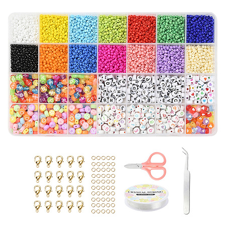 ARRICRAFT DIY Jewelry Making Kits, Including Round Glass Seed Beads, Flat Round Acrylic Beads, Elastic Crystal Thread, Tweezers, Scissors, Alloy Clasps and Iron Rings, Mixed Color, Beads: 3~3.5mmx2~3mm, Hole: 1~1.2mm, 7x3~4mm, Hole: 1.5~2mm, 4200pcs/set