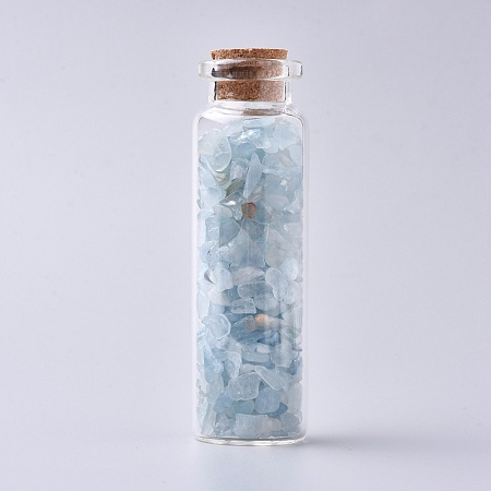 Honeyhandy Glass Wishing Bottle, For Pendant Decoration, with Aquamarine Chip Beads Inside and Cork Stopper, 22x71mm