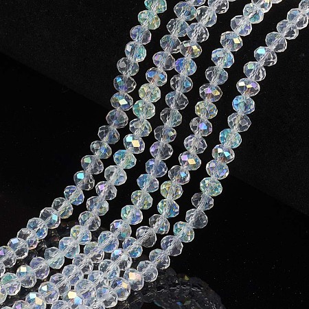 Honeyhandy Electroplate Glass Beads Strands, Half Rainbow Plated, Faceted, Rondelle, Clear, 2x1.5mm, Hole: 0.4mm, about 195pcs/strand, 11 inch(27.5cm)