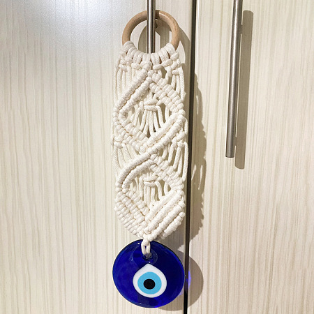 Honeyhandy Cotton Cord Macrame Woven Wall Hanging, Glass Evil Eye Hanging Ornament with Wood Rings, for Home Decoration, Antique White, 260mm