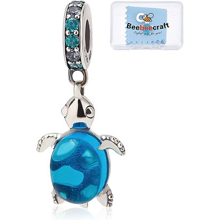 Beebeecraft Sea Turtle Charm 925 Sterling Silver with Dodger Blue Glass Lucky Sea Tortoise Bead Charm European Dangle Pendant Bead for Bracelet