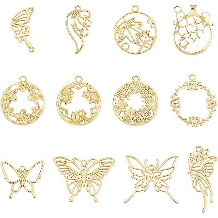 Pandahall Elite 12 Styles Open Back Bezel Charms, 24pcs Owl Flower Butterfly Wing Leaf Hollow Frame Pendant with Loops DIY Metal Frame Charms for Resin DIY Jewelry Pendants Crafts Making
