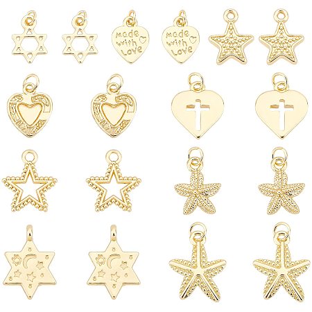 PandaHall Elite 9 Styles Star Heart Charms, 18pcs Starfish Star of David Charms Little Star Pendants 14K Gold Plated Alloy Charms for Jewelry Making Valentine's Day, Christmas