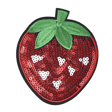 Honeyhandy Computerized Embroidery Cloth Iron On Patches, with Paillette, Costume Accessories, Appliques, Strawberry, FireBrick, 149x121x1.5mm