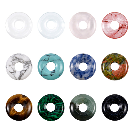 BENECREAT 12Pcs 12 Style Natural & Synthetic Gemstone Charms, Donut/Pi Disc, 18x4.5~5.5mm, Hole: 5.5mm, 1pc/style